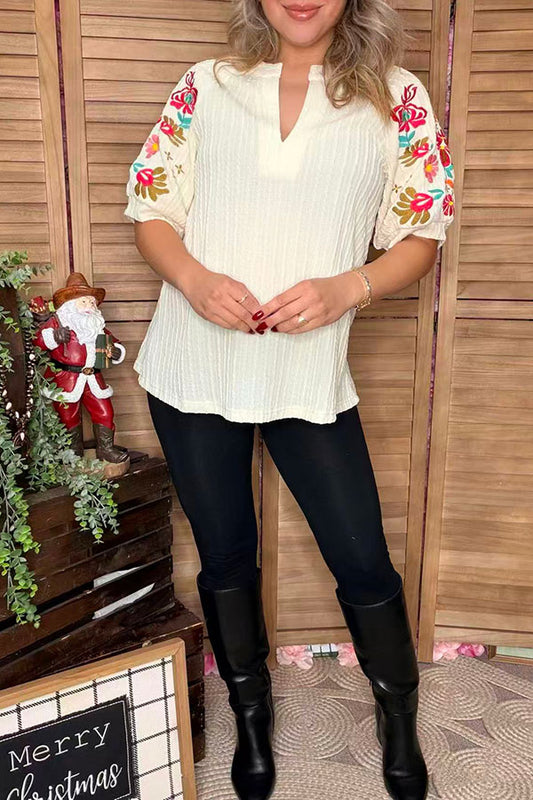 Ribbed knitted fabric puff embroidery short sleeves women top XCH16754