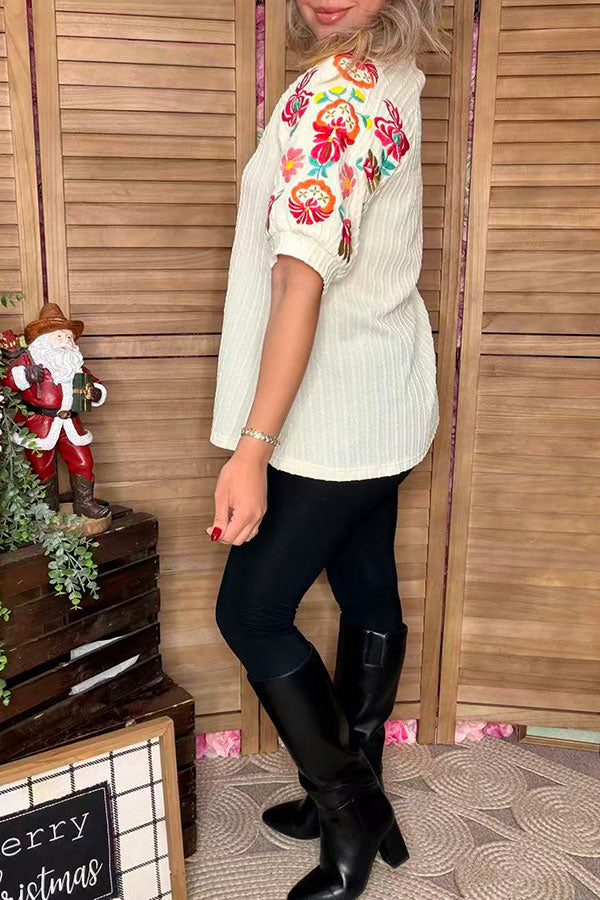 Ribbed knitted fabric puff embroidery short sleeves women top XCH16754