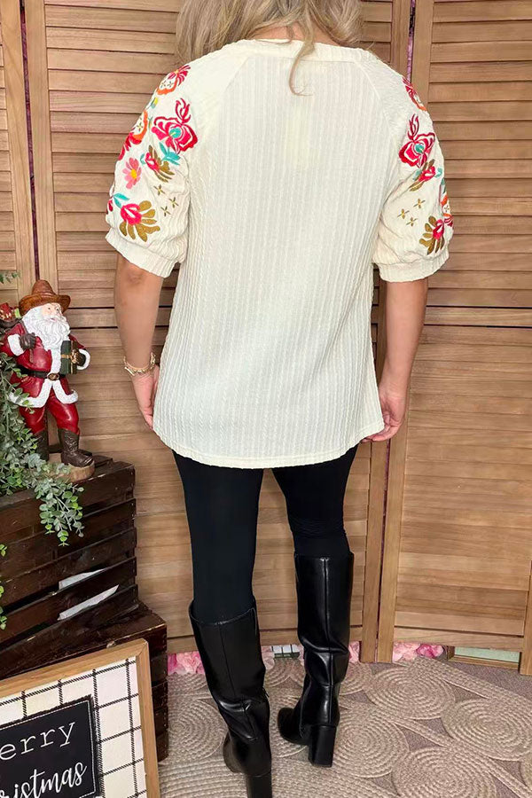 Ribbed knitted fabric puff embroidery short sleeves women top XCH16754