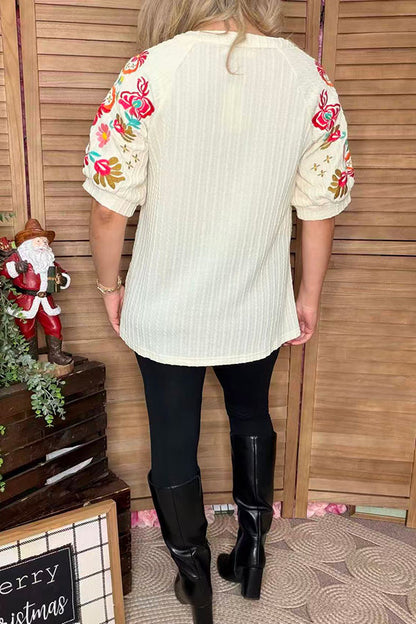 Ribbed knitted fabric puff embroidery short sleeves women top XCH16754