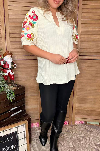 Ribbed knitted fabric puff embroidery short sleeves women top XCH16754