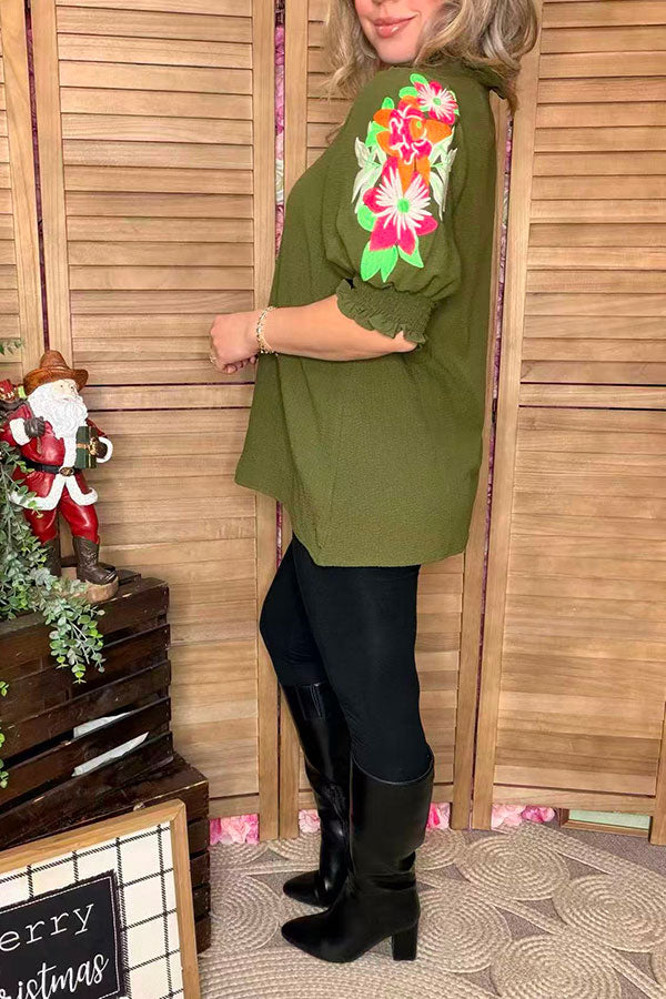 Olive Green flower embroidery ruffle short sleeve women top XCH16633
