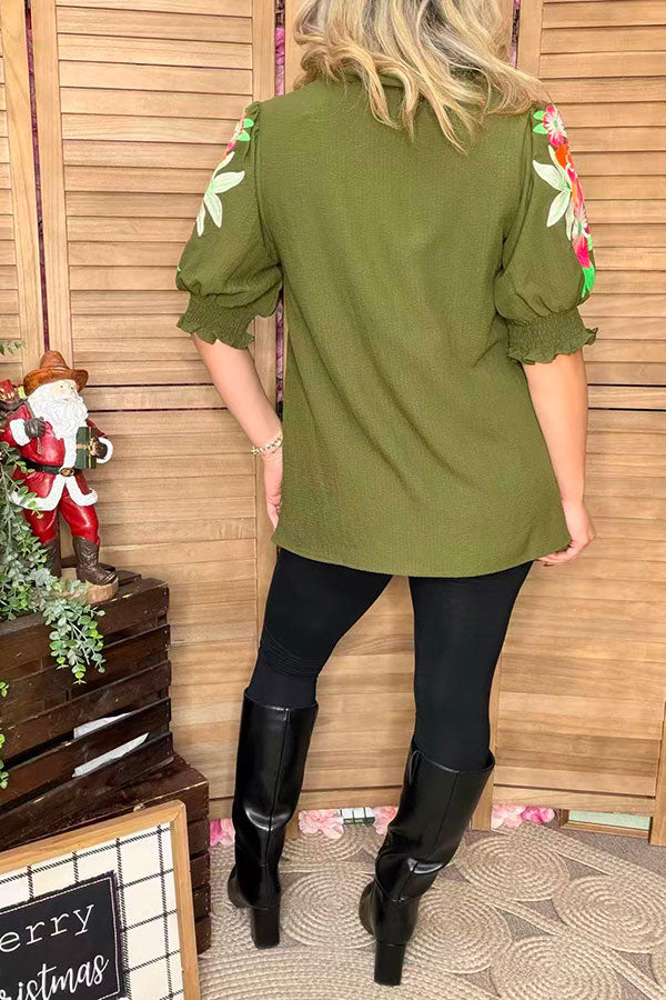 Olive Green flower embroidery ruffle short sleeve women top XCH16633