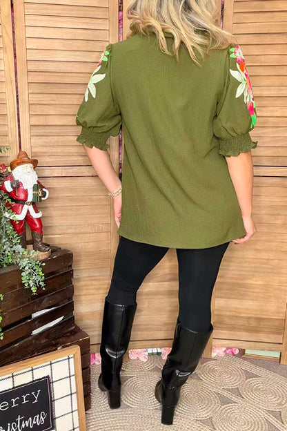 Olive Green flower embroidery ruffle short sleeve women top XCH16633