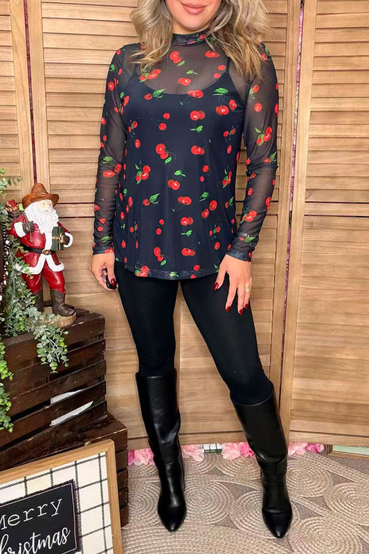 Red cherry printed black mesh sheer long sleeve women top XCH16788