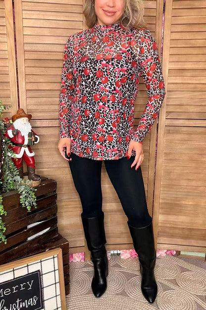 Leopard & cherry printed sheer long sleeve women top XCH16790