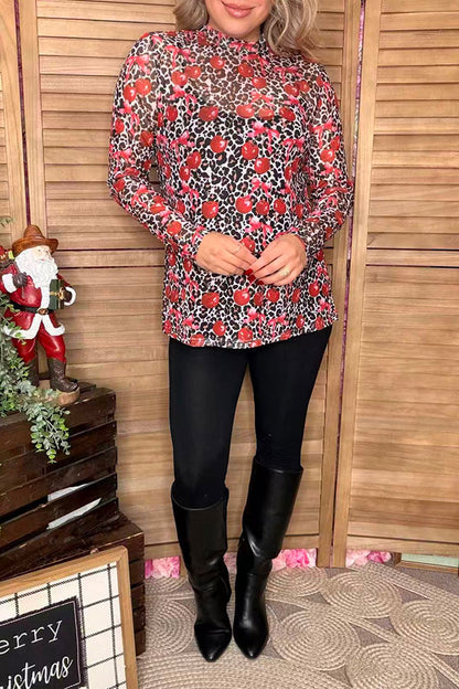 Leopard & cherry printed sheer long sleeve women top XCH16790