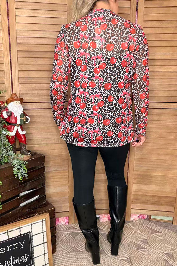 Leopard & cherry printed sheer long sleeve women top XCH16790