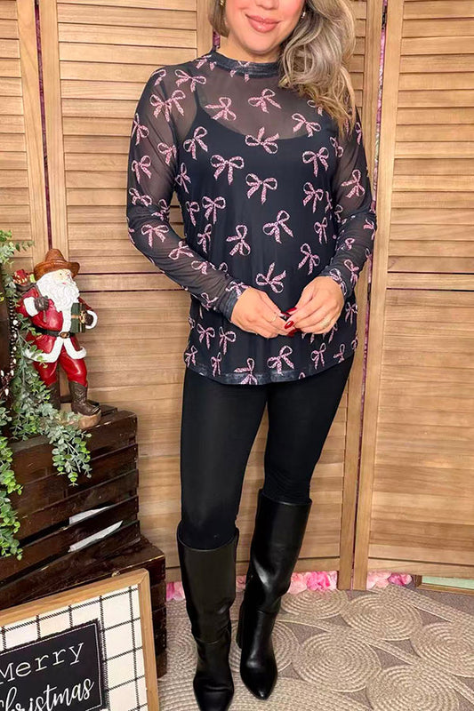 Pink leopard bow printed sheer mesh long sleeve women top XCH16792