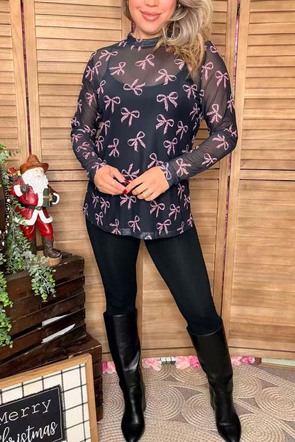 Pink leopard bow printed sheer mesh long sleeve women top XCH16792