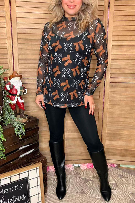 Brown leoaprd & checkered printed mesh long sleeve sheer women top XCH16791