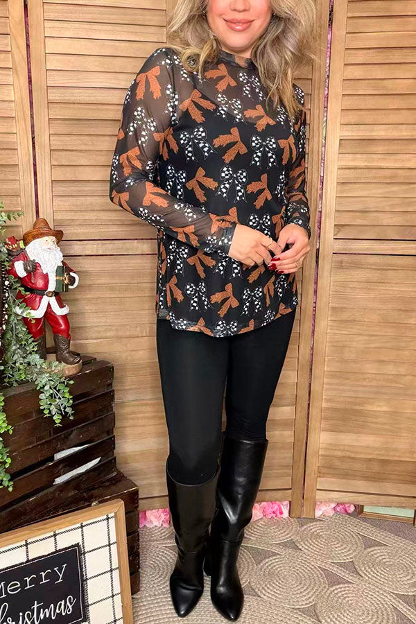 Brown leoaprd & checkered printed mesh long sleeve sheer women top XCH16791