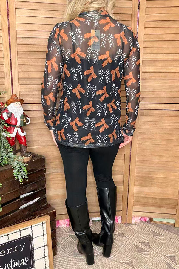 Brown leoaprd & checkered printed mesh long sleeve sheer women top XCH16791