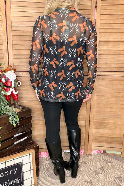 Brown leoaprd & checkered printed mesh long sleeve sheer women top XCH16791