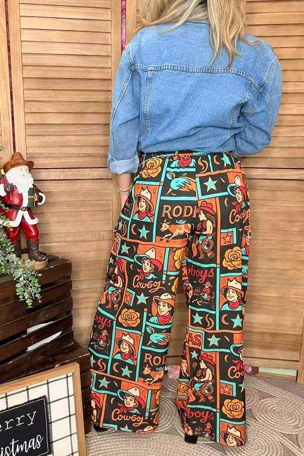Western patterns printed wide leg elastic waist women pant XCH16773