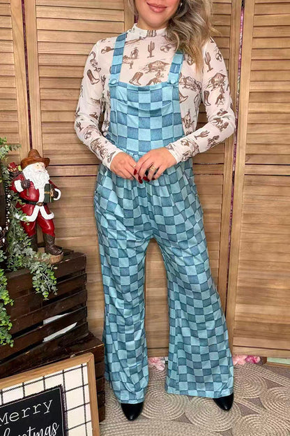 Blue checkered one piece casual women jumpsuit XCH16744