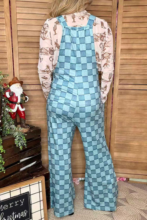 Blue checkered one piece casual women jumpsuit XCH16744