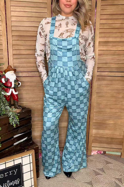 Blue checkered one piece casual women jumpsuit XCH16744