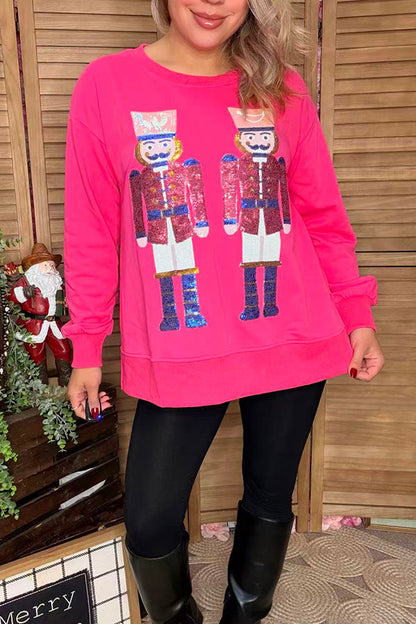Sequin Nut Cracker hot pink long sleeve women sweatshirt /slit XCH16741