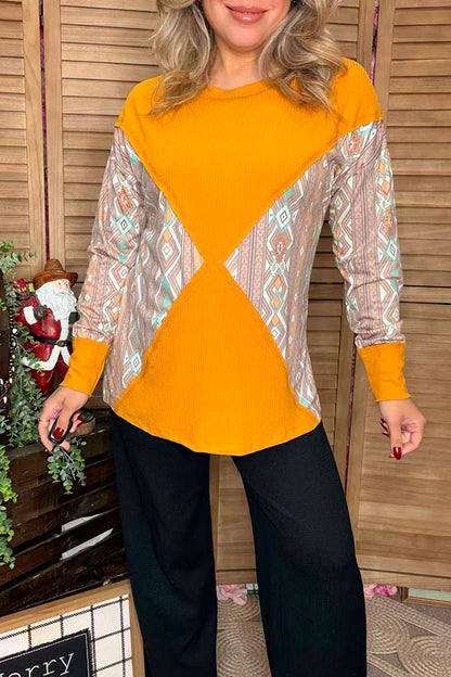 Aztec printed & knitted block yellow solid color long sleeve women tops BQ14390