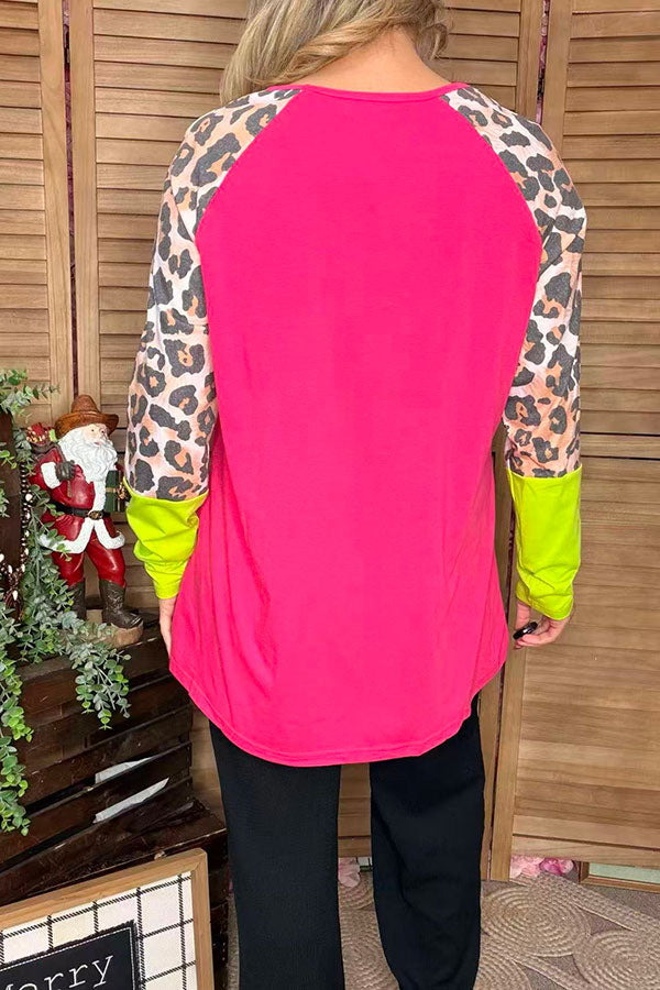 Hot pink & lime green & leopard color block long sleeve women top XCH14268