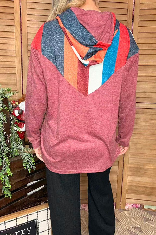 Multi color stripe printed  long sleeve w/string women rust tops XCH10162