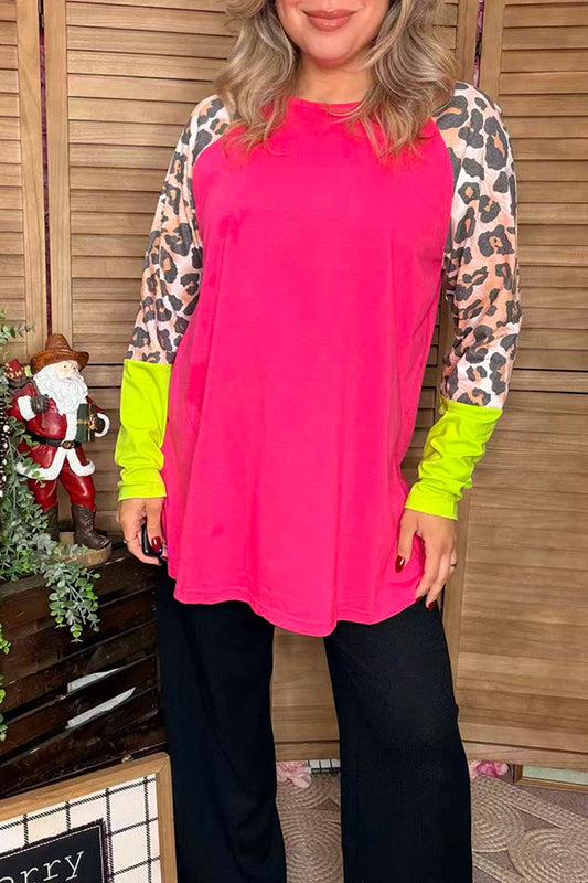 Hot pink & lime green & leopard color block long sleeve women top XCH14268