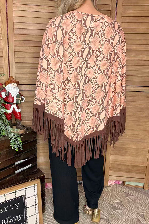 Snake printed poncho with brown fringe/tassel XCH13890