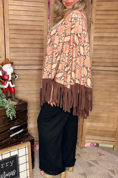 Snake printed poncho with brown fringe/tassel XCH13890