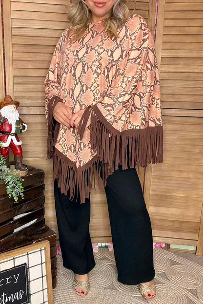 Snake printed poncho with brown fringe/tassel XCH13890