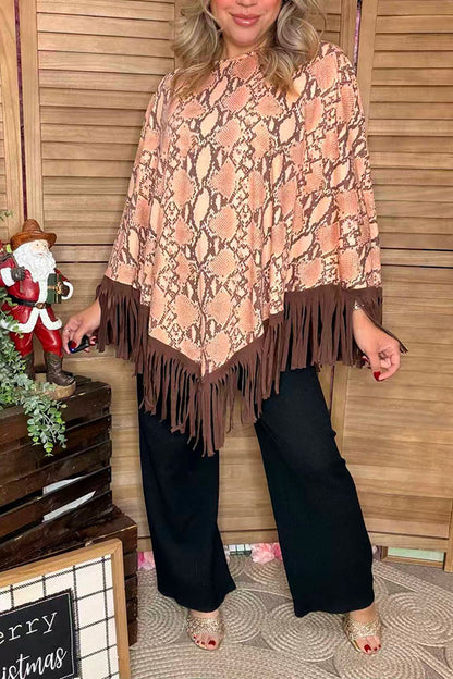 Snake printed poncho with brown fringe/tassel XCH13890