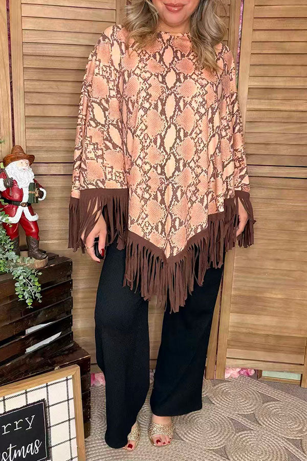 Snake printed poncho with brown fringe/tassel XCH13890