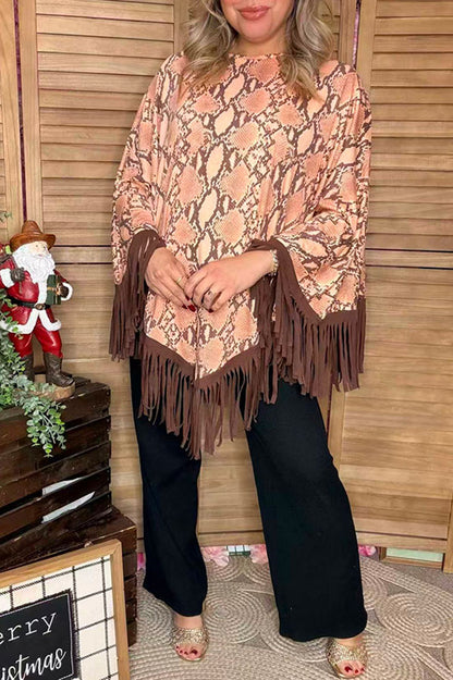 Snake printed poncho with brown fringe/tassel XCH13890
