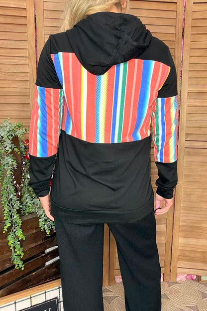 Black serape color block hoodie w/keyhole neckline GJQ8267
