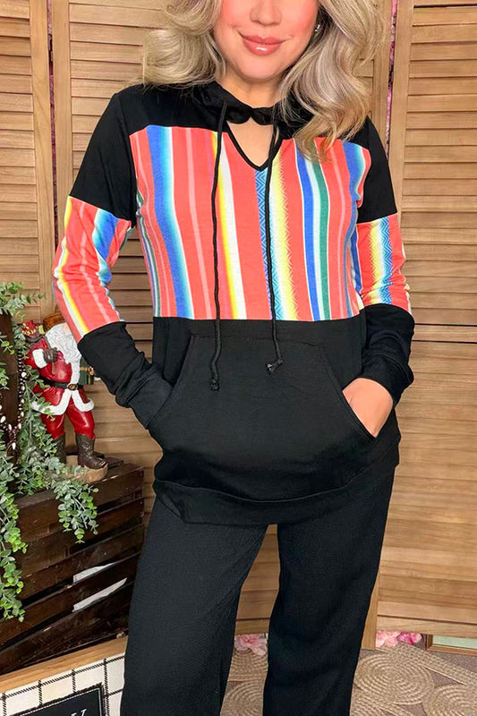 Black serape color block hoodie w/keyhole neckline GJQ8267