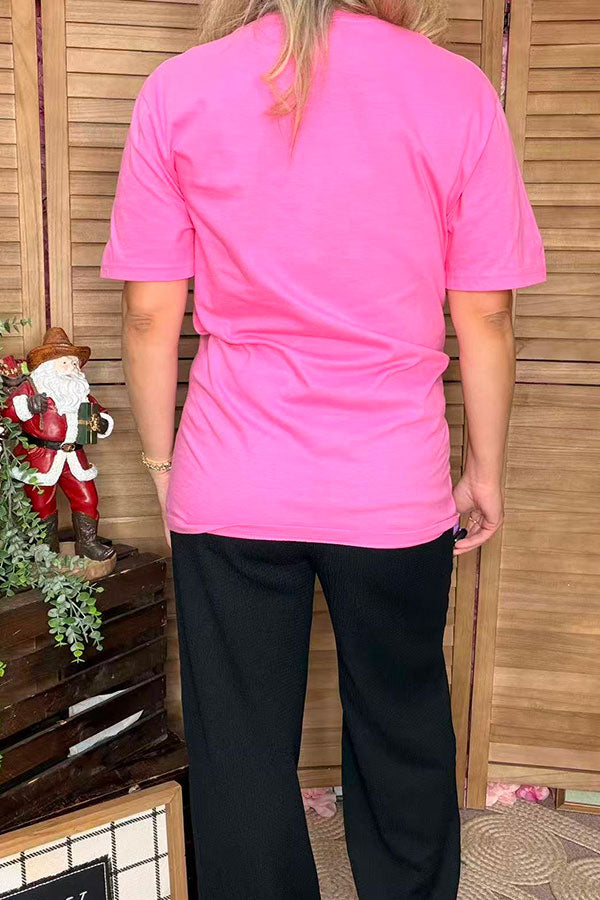 Holiday snowman & leopard printed pink short sleeve women t-shirt