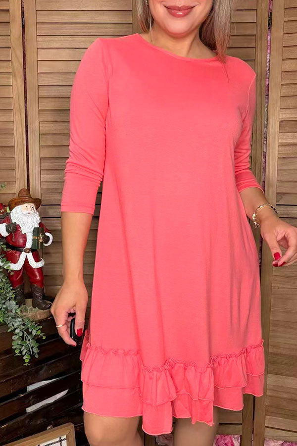 Solid color pink 3/4 sleeves women dress w/ruffle GJQ15571