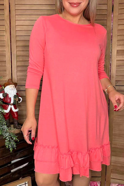Solid color pink 3/4 sleeves women dress w/ruffle GJQ15571