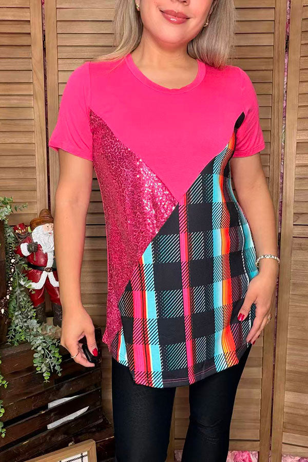 Checked printed solid fuchsia w/ sequin short sleeve women top FW10361