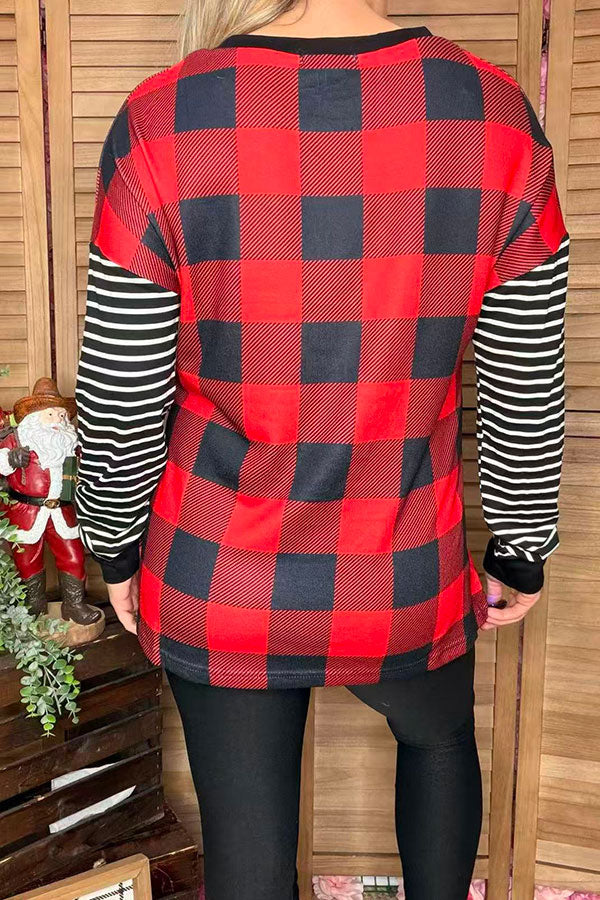 Christmas checked w/striped long sleeve women top BQ15415
