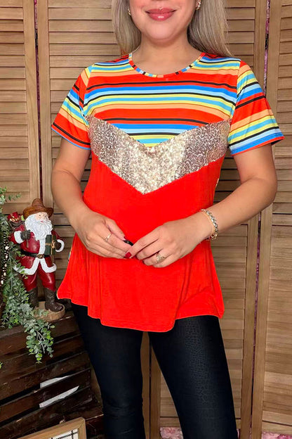 Striped & Sequin & Orange & short sleeve women top FW9812