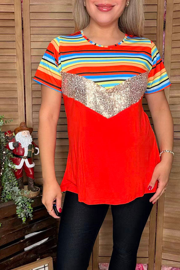 Striped & Sequin & Orange & short sleeve women top FW9812