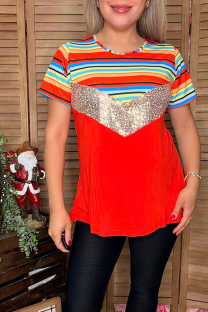 Striped & Sequin & Orange & short sleeve women top FW9812