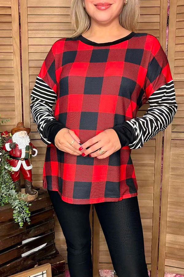 Christmas checked w/striped long sleeve women top BQ15415