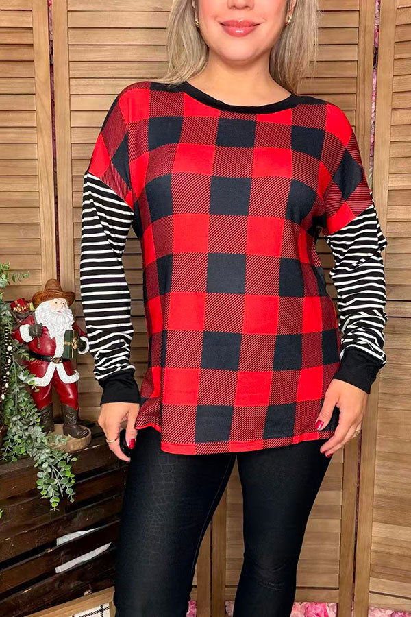 Christmas checked w/striped long sleeve women top BQ15415
