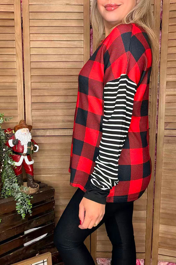 Christmas checked w/striped long sleeve women top BQ15415