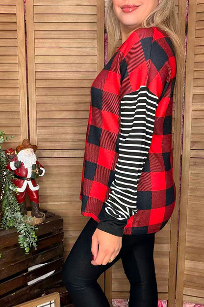 Christmas checked w/striped long sleeve women top BQ15415