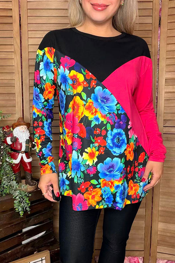 Floral & black & fuchsia color block long sleeve women blouse XCH13960 HS1