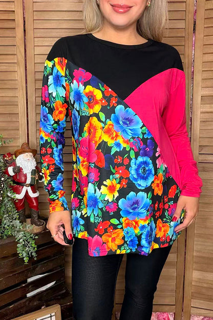 Floral & black & fuchsia color block long sleeve women blouse XCH13960 HS1