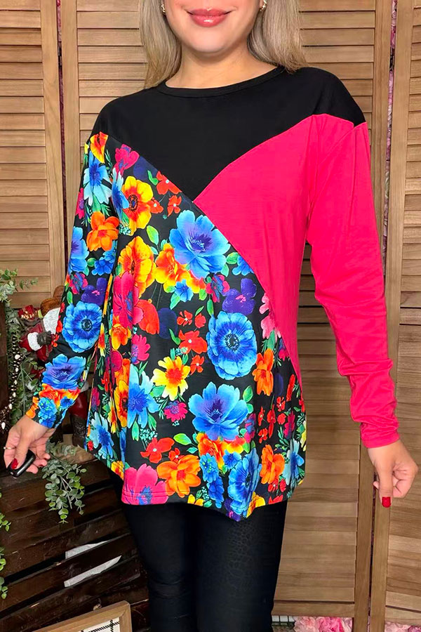 Floral & black & fuchsia color block long sleeve women blouse XCH13960 HS1